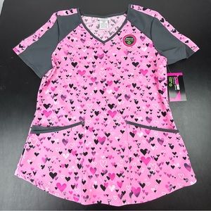 Scrubstar Pink Hearts Scrub Top Size Small Valentine’s Day Gray Black White New
